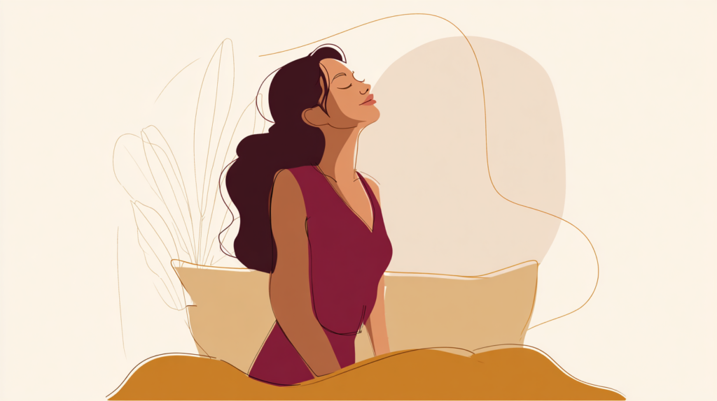 woman sat on bed, looking up, happy